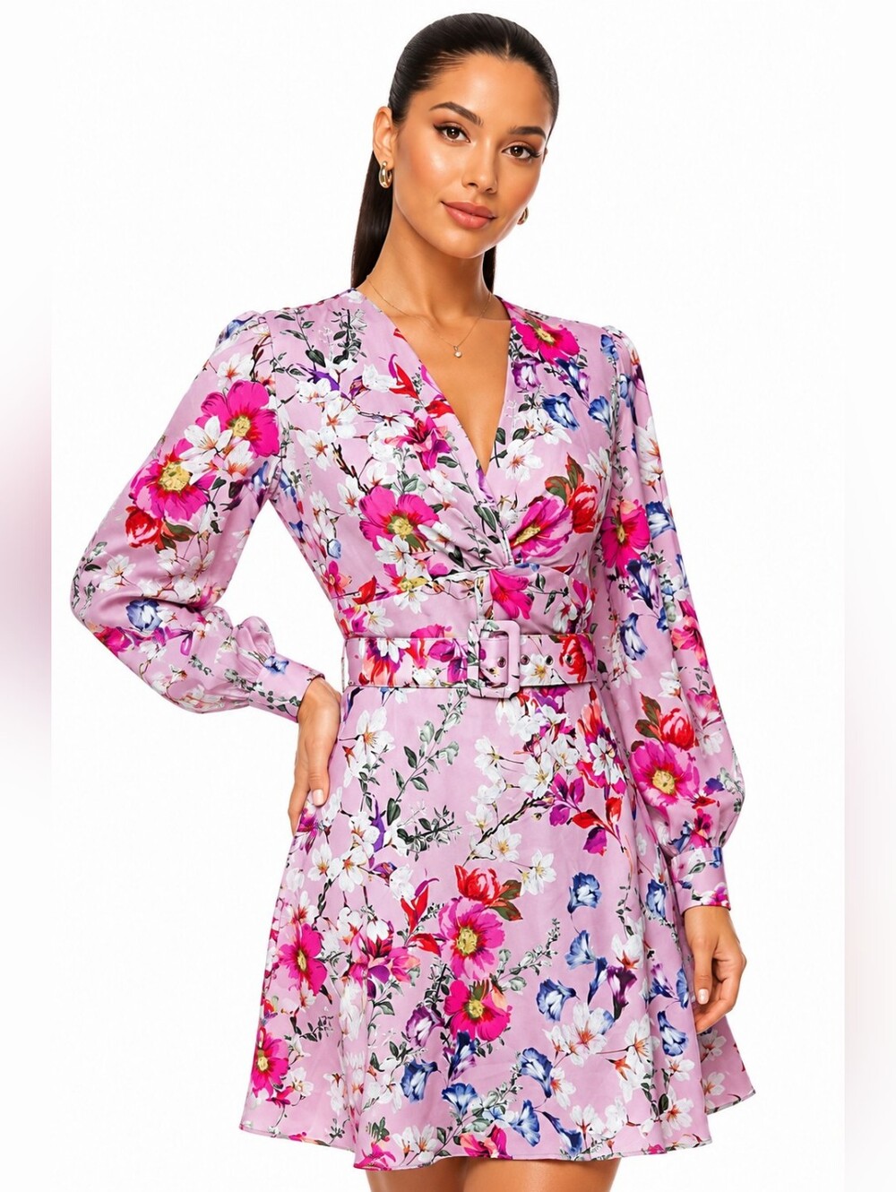 Bardot NWT Silky Floral Twist Front Belted Dress Blush Pink Long Sleeve US 10